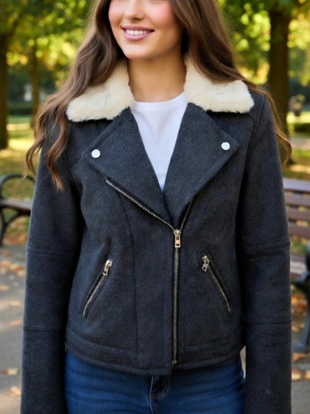 American Eagle Outfitters Wool Blend Charcoal Grey Faux Fur Collar Moto Jacket M